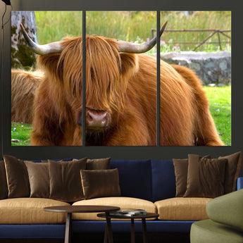 68411138-MGV-CV-48X32-3P-Farmhouse Wall Art – Highland Cow Canvas Print, Rustic Country Cattle Photography Decor for Bedroom, Living Room, Office, Ranch,