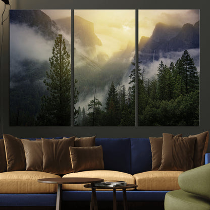38316884-MGV-CV-36X24-Landscape Wall Art – Misty Mountain Valley Canvas Print, Scenic Pine Forest and Sunrise Photography Decor for Bedroom, Living