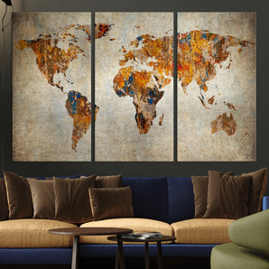 MGV-CV-48X32-3P - Rustic World Map Wall Art Canvas Print, Framed Orange World Map Art Picture Print, Antique Style Map Perfect Vintage Explorer Decor Artwork
