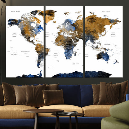 MGV-CV-48X32-3P - World Map Wall Art Canvas Print, Framed Blue Gold Map Art Picture Print, Rustic Atlas Perfect Rustic Modern Decor Artwork