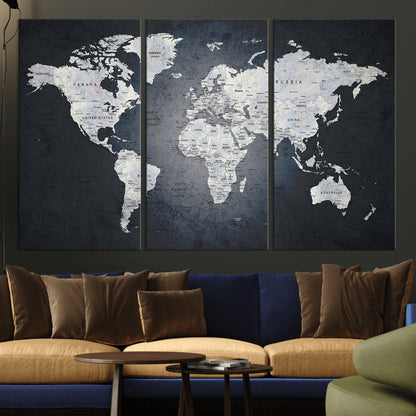MGV-CV-48X32-3P - Monochrome World Map Wall Art Canvas Print, Framed Minimalist Map Art Picture Print, Modern Atlas Perfect Modern Minimalist Decor Artwork