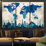 MGV-CV-48X32-3P - Blue World Map Wall Art Canvas Print, Framed Iconic Landmarks Art Picture Print, Blue Globe Map Perfect Elegant Explorer Decor Artwork