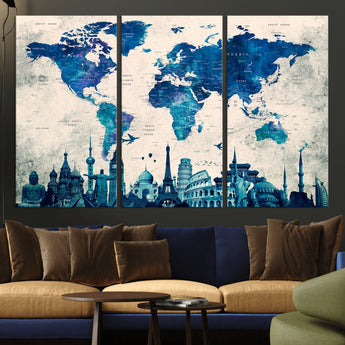 MGV-CV-48X32-3P - Blue World Map Wall Art Canvas Print, Framed Iconic Landmarks Art Picture Print, Blue Globe Map Perfect Elegant Explorer Decor Artwork