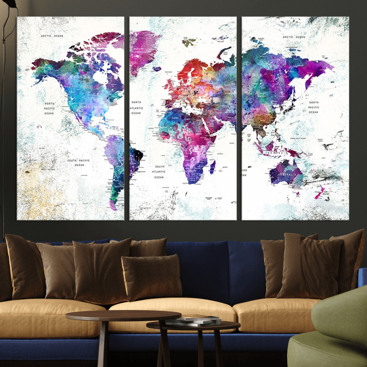 MGV-CV-48X32-3P - Colorful World Map Wall Art Canvas Print, Framed Abstract Globe Art Picture Print, Vibrant Map Perfect Vibrant Modern Decor Artwork