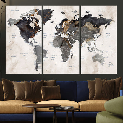 MGV-CV-48X32-3P - World Map Wall Art Canvas Print, Framed Rustic Map Art Picture Print, Antique Map Perfect Rustic Explorer Decor Artwork