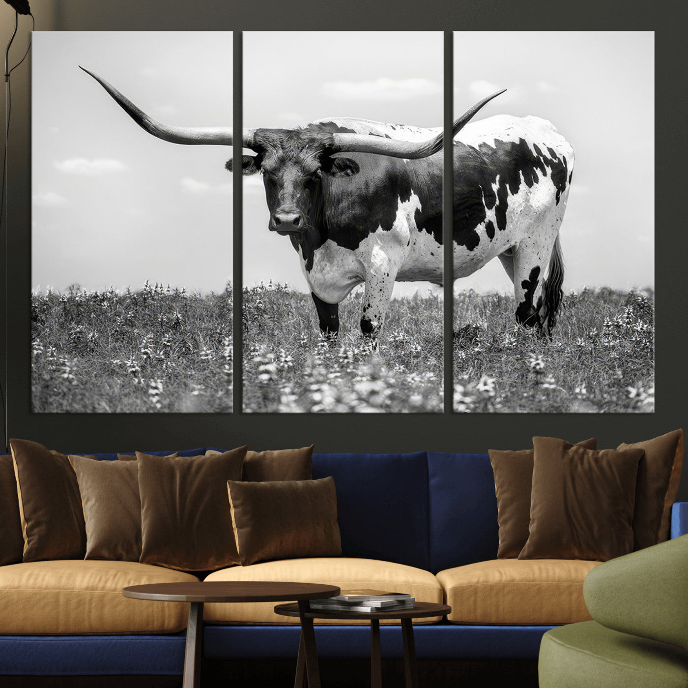 83785-MGV-CV-36X24-Texas Longhorn Wall Art Canvas Print, Framed Horned Bull Art Picture Print, Monochrome Cattle Perfect Rustic Western Decor Artwork