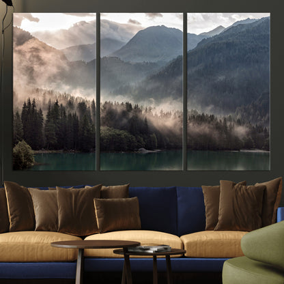 64758-MGV-CV-36X24-Misty Mountains Wall Art Canvas Print, Framed Moody Pines Art Picture Print, Forest Lake Perfect Moody Alpine Decor Artwork