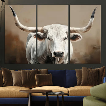 63550-MGV-CV-36X24-Texas Longhorn Wall Art Canvas Print, Framed White Bull Art Picture Print, Horned Cattle Perfect Rustic Western Decor Artwork