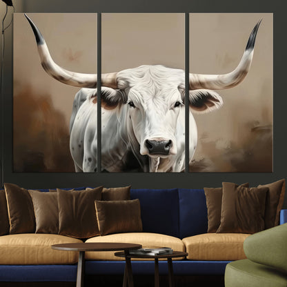 63550-MGV-CV-36X24-Texas Longhorn Wall Art Canvas Print, Framed White Bull Art Picture Print, Horned Cattle Perfect Rustic Western Decor Artwork