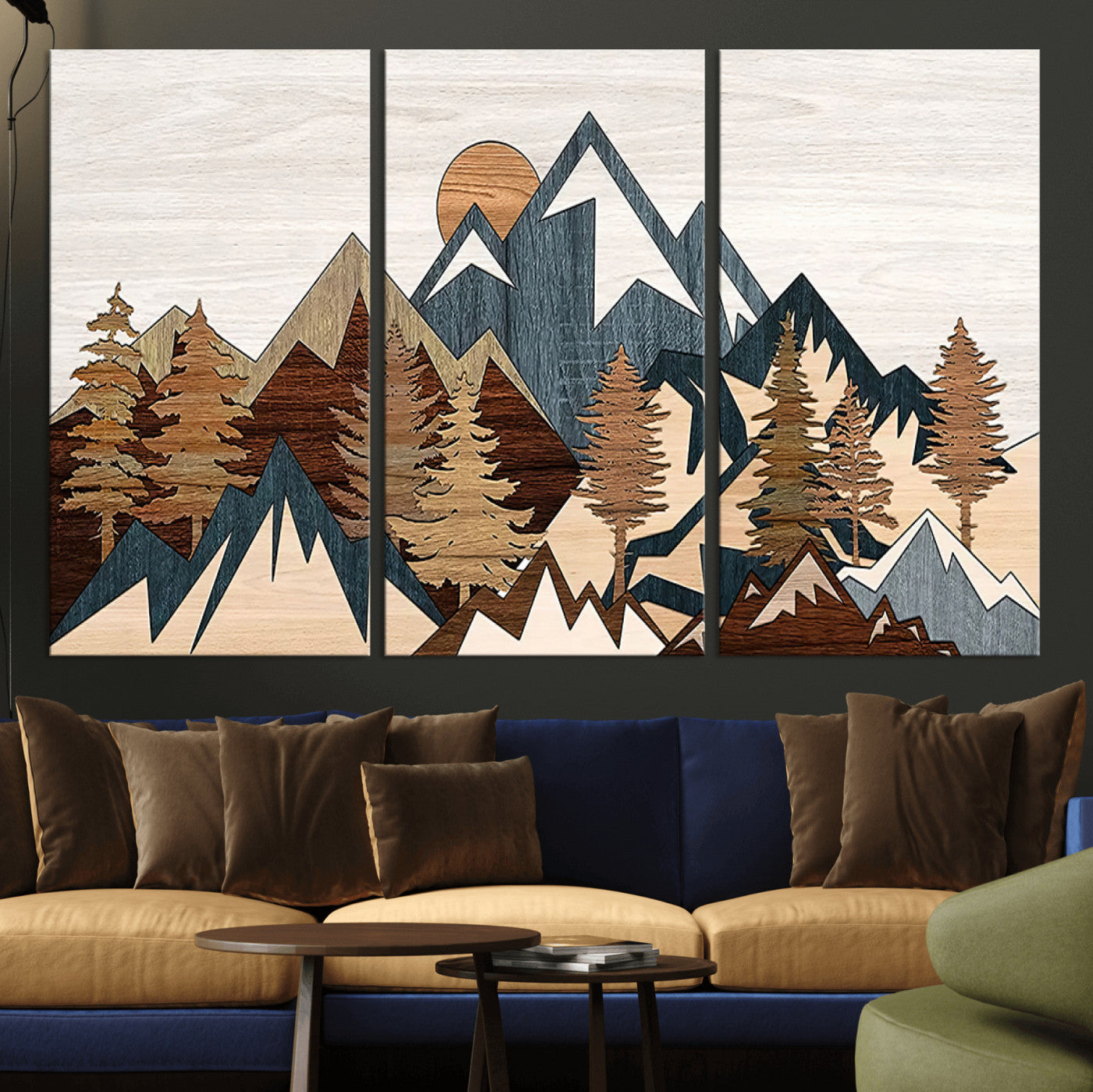 80300-MGV-CV-36X24-Geometric Mountains Wall Art Canvas Print, Framed Stylized Trees Art Picture Print, Graphic Forest Perfect Rustic Abstract Decor