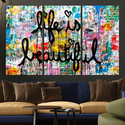 36856-MGV-CV-36X24-Life Is Beautiful Wall Art – Colorful Graffiti Canvas Print, Modern Street Style Artwork, Inspirational Decor for Living Room,