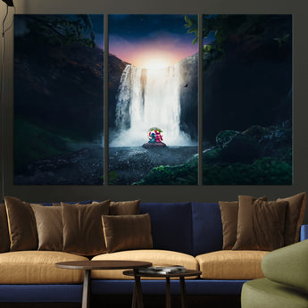 56359-MGV-CV-36X24-Lilo Stitch Wall Art Canvas Print, Framed Stitch Angel Art Picture Print, Cartoon Waterfall Perfect Tropical Fantasy Decor Artwork