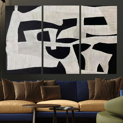 33714-MGV-CV-36X24-Monochrome Design Wall Art Canvas Print, Framed Modern Linework Art Picture Print, Textured Shapes Perfect Monochrome Modern Decor