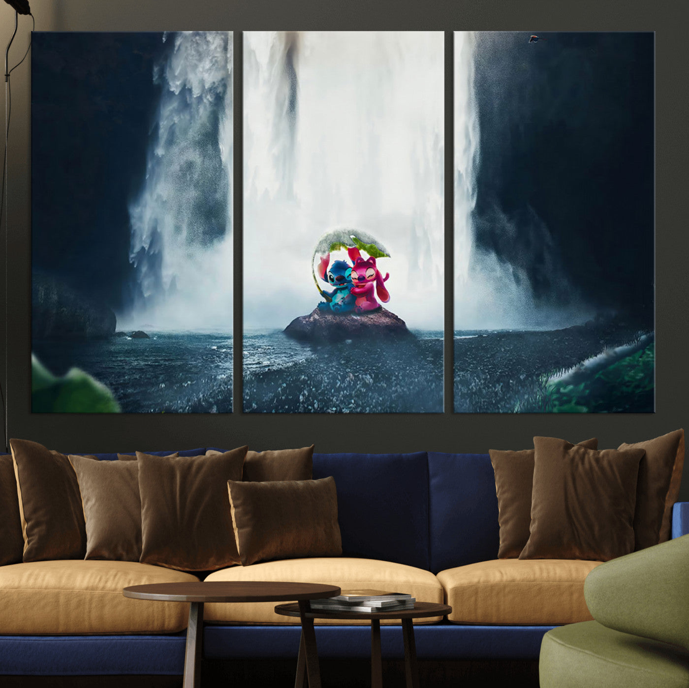 32259-MGV-CV-36X24-Stitch Angel Wall Art Canvas Print, Framed Stitch Waterfall Art Picture Print, Cartoon Couple Perfect Moody Fantasy Decor Artwork