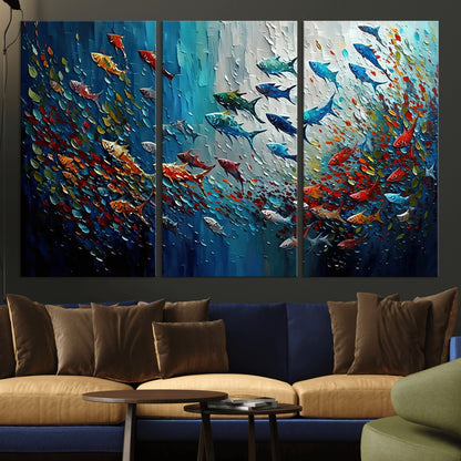 89626-MGV-CV-36X24-Fish Swarm Wall Art Canvas Print, Framed Abstract Ocean Art Picture Print, Underwater Life Perfect Vibrant Coastal Decor Artwork