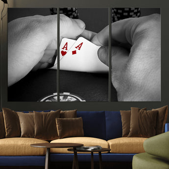 62460-MGV-CV-48X32-3P-Poker Game Wall Art – Close Up of Hands Holding Aces with Chips, Casino Style Decor for Game Room, Man Cave or Office