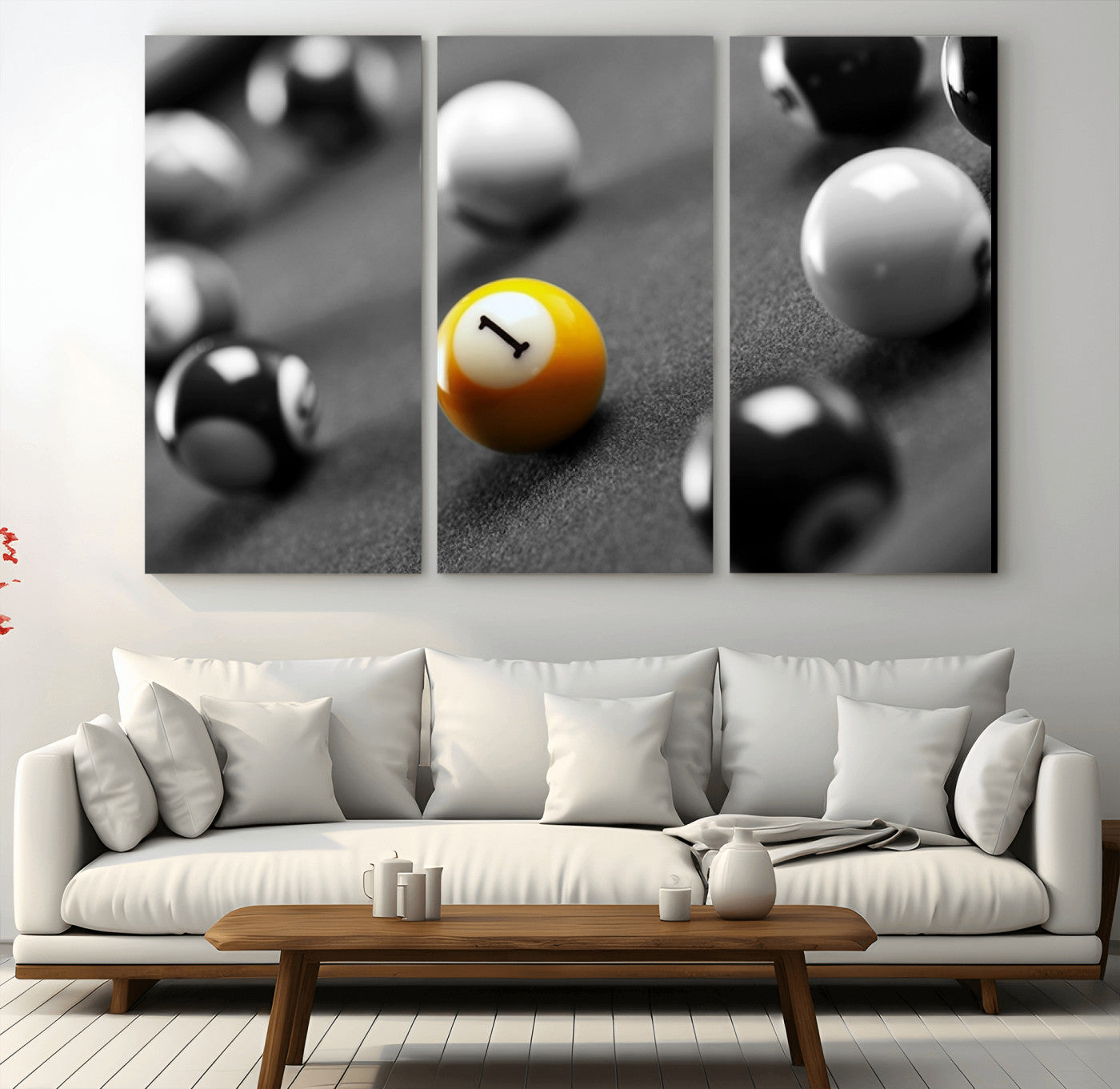 52108-MGV-CV-36X24-Precision Pool Table Wall Art – Close Up Yellow 1 Ball Canvas Print, Hand-Played Billiards Game Decor for Office, Game Room, or