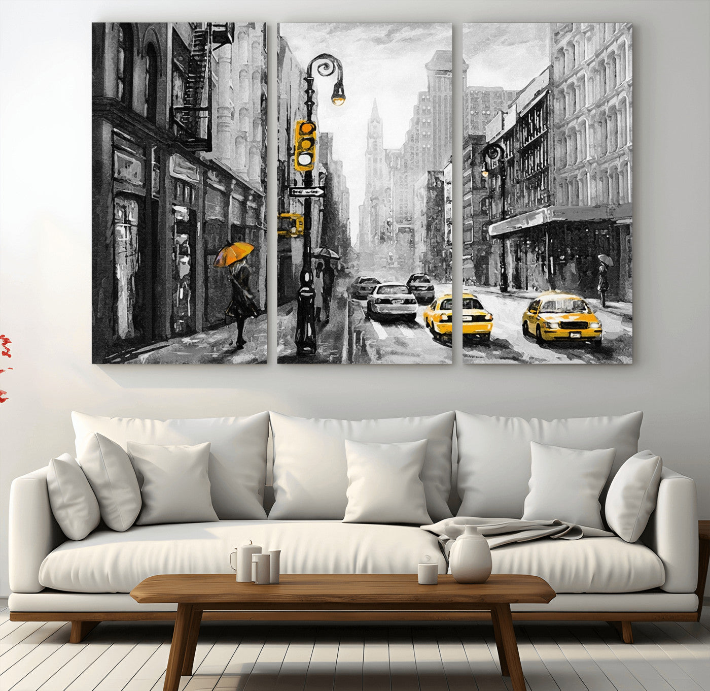 32362-MGV-CV-36X24-NYC Street Wall Art – Black and White Cityscape with Yellow Taxis and Umbrella Canvas Print, Urban Home Decor for Living Room or
