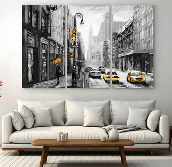 32362-MGV-CV-36X24-NYC Street Wall Art – Black and White Cityscape with Yellow Taxis and Umbrella Canvas Print, Urban Home Decor for Living Room or