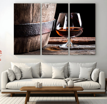 50839-MGV-CV-36X24-Barrel & Brandy Wall Art – Rustic Whiskey Barrel and Brandy Glass Canvas Print, Elegant Home Bar or Lounge Decor for Office, Man