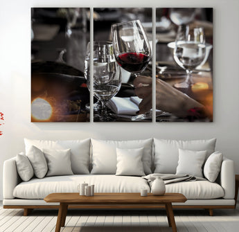 75513-MGV-CV-48X32-3P-Elegant Wine Toast Wall Art – Close-Up Red Wine Glass at Dinner Table Canvas Print, Sophisticated Dining Room or Bar Decor