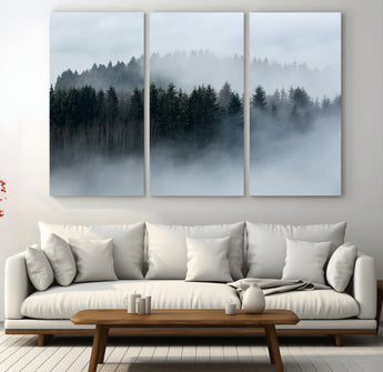 42596-MGV-CV-48X32-3P-Misty Forest Wall Art – Atmospheric Pine Trees Canvas Print, Nature Landscape Decor for Living Room, Bedroom, Office, or Cabin