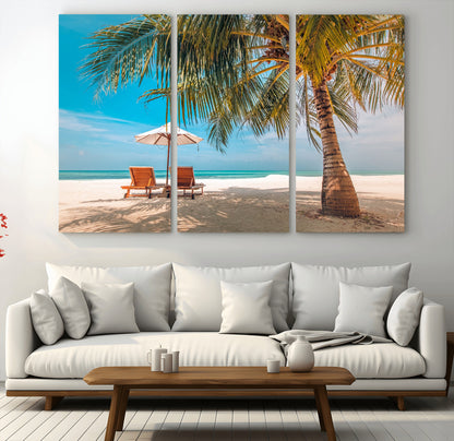 69754-MGV-CV-36X24-Tropical Beach Wall Art – Relaxing Palm Tree and Lounge Chairs Canvas Print, Serene Coastal Decor for Living Room, Bedroom, Office