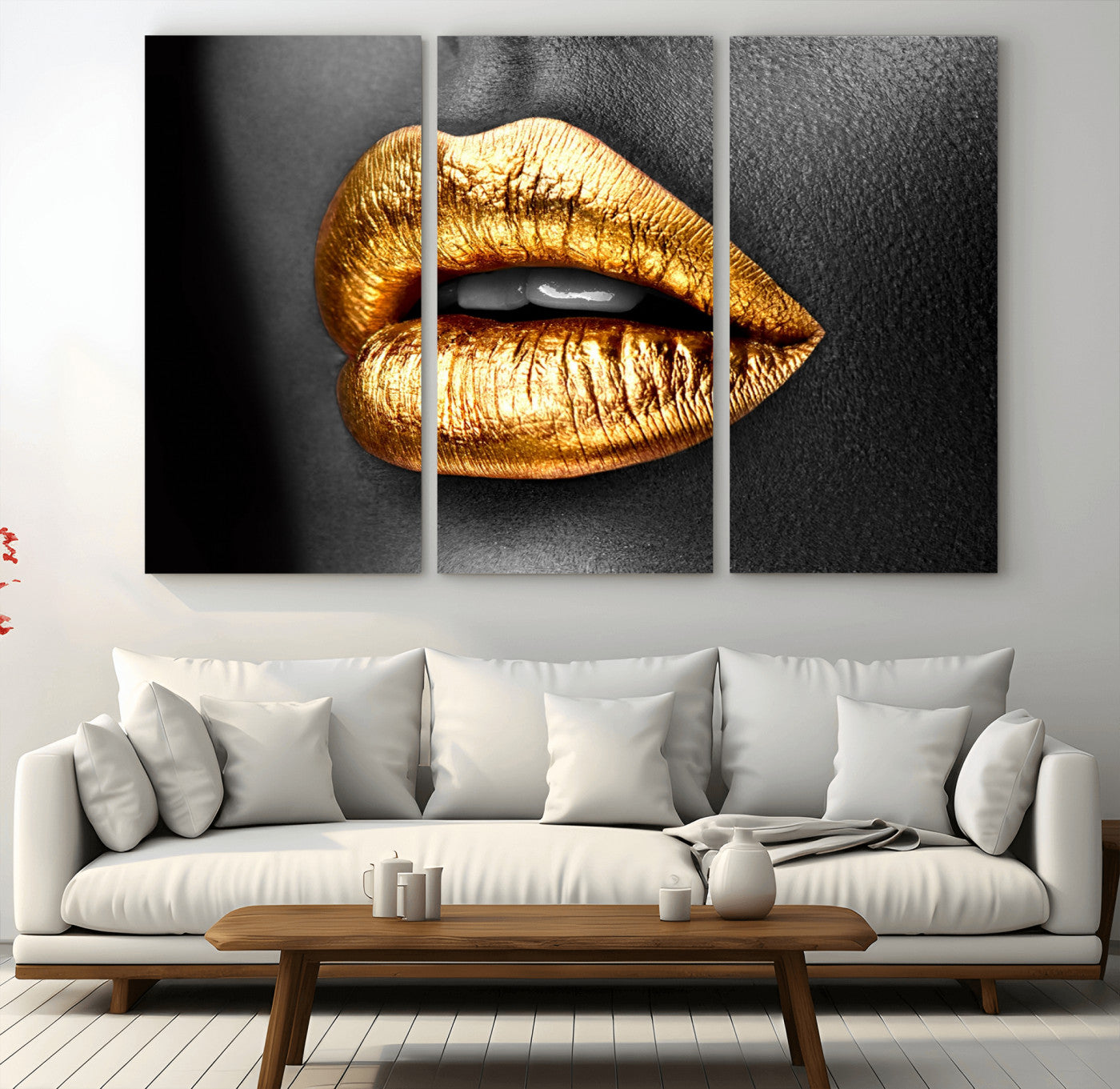84747-MGV-CV-36X24-Golden Lips Black & White Portrait – Glamorous Metallic Lip Art Print, Modern Wall Decor for Bedroom, Beauty & Fashion Lover Gift