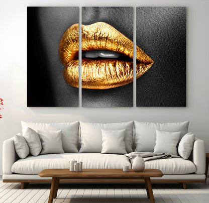 84747-MGV-CV-36X24-Golden Lips Black & White Portrait – Glamorous Metallic Lip Art Print, Modern Wall Decor for Bedroom, Beauty & Fashion Lover Gift