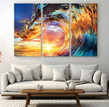52890-MGV-CV-36X24-Surfing Wave Wall Art Canvas Print, Framed Sunset Ocean Art Picture Print, Ocean Wave Perfect Nautical Decor Artwork