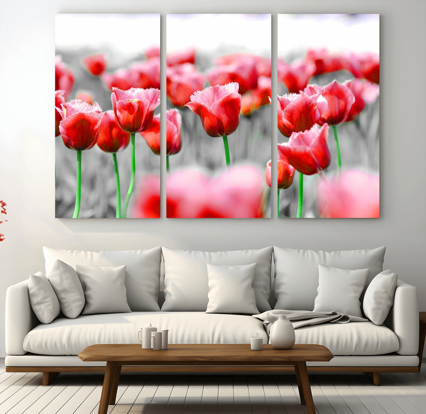 44554-MGV-CV-36X24-Vibrant red tulips stand out beautifully against a black-and-white background, making a striking decor piece perfect for any home
