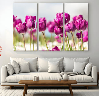 30632-MGV-CV-36X24-Purple Tulip Field Wall Art – Beautiful Spring Flowers Canvas Print with Soft Focus and Bright Sky, Ideal Floral Decor for Home or