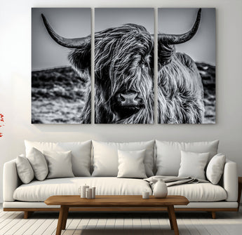 97372-MGV-CV-36X24-Elegant Highland Cow Wall Art – Black and White Canvas Print, Rustic Nature Decor for Home, Office, Living Room or Man Cave