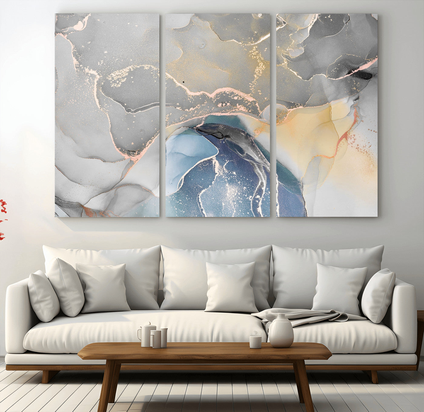 63211-MGV-CV-36X24-Abstract Fluid Art Wall Decor – Blue, Gray & Gold Canvas Print, Modern Home and Office Wall Art Decor for Living Room, Bedroom or