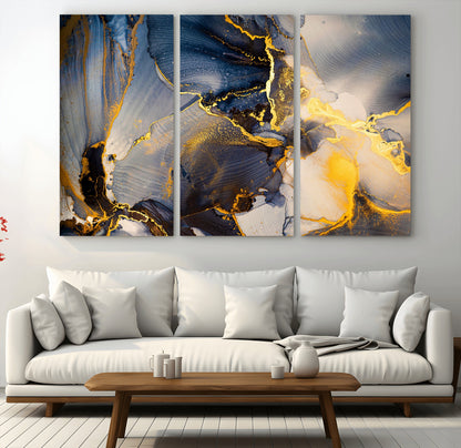 42100-MGV-CV-36X24-Golden Flow Abstract Wall Art – Panoramic Modern Blue and Gold Canvas Print, Contemporary Artistic Decor for Home, Office
