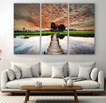 29105-MGV-CV-36X24-Rustic Wooden Bridge Wall Art – Scenic Sunset Over Rice Fields and Reflective Water Canvas Print, Nature Landscape Decor for