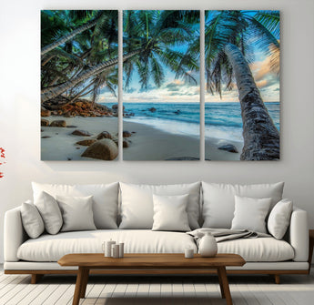39679-MGV-CV-36X24-Tropical Palm Beach Wall Art – Serene Ocean Canvas Print with Palm Trees and Rocks, Coastal Paradise Decor for Living Room or