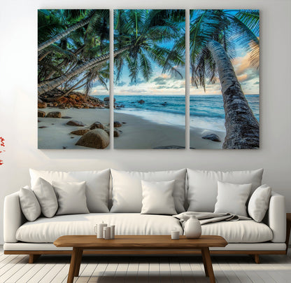 39679-MGV-CV-36X24-Tropical Palm Beach Wall Art – Serene Ocean Canvas Print with Palm Trees and Rocks, Coastal Paradise Decor for Living Room or