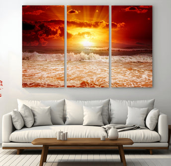 60211-MGV-CV-36X24-Fiery Sunset Ocean Wall Art – Red Sky Seascape Canvas Print with Waves, Bold Coastal Sunset Decor for Living Room or Bedroom