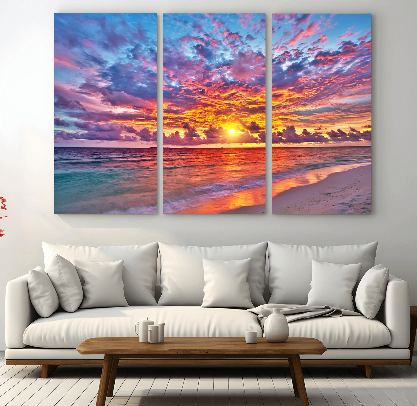 72836-MGV-CV-36X24-Fiery Sunset Beach Wall Art – Panoramic Vibrant Ocean Canvas Print, Dramatic Coastal Decor for Living Room, Bedroom or Office