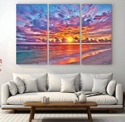 72836-MGV-CV-36X24-Fiery Sunset Beach Wall Art – Panoramic Vibrant Ocean Canvas Print, Dramatic Coastal Decor for Living Room, Bedroom or Office