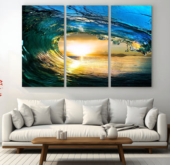 19378-MGV-CV-36X24-Ocean Wave Sunset Wall Art – Vibrant Surf and Golden Horizon Canvas Print, Coastal Seascape Photography for Living Room, Bedroom,