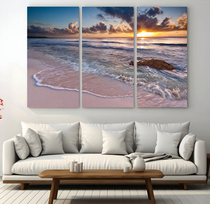 94906-MGV-CV-36X24-Sunrise Beach Wall Art – Panoramic Ocean Waves Canvas Print, Coastal Sunset Seascape Artwork for Living Room, Bedroom, or Office