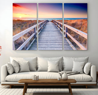 60625-MGV-CV-36X24-Beach Boardwalk Sunrise Wall Art – Coastal Pathway to Ocean Canvas Print, Seaside Landscape Decor for Home or Office