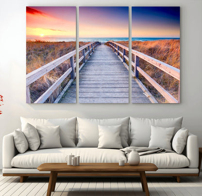 60625-MGV-CV-36X24-Beach Boardwalk Sunrise Wall Art – Coastal Pathway to Ocean Canvas Print, Seaside Landscape Decor for Home or Office