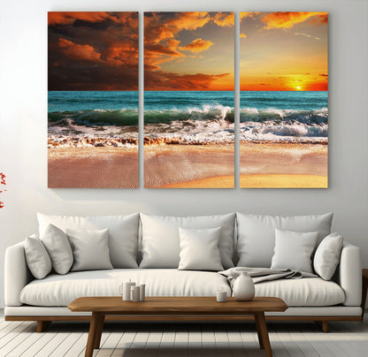 72948-MGV-CV-36X24-Ocean Sunset Wave Wall Art – Dramatic Seascape Canvas Print with Golden Sky and Crashing Waves, Coastal Beach Decor for Living