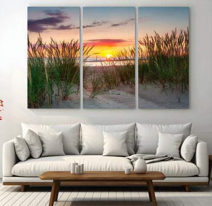 25576-MGV-CV-36X24-Beach Grass Sunset Wall Art – Coastal Sand Dune Landscape Canvas Print, Ocean View Nature Decor for Living Room or Office Wall