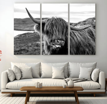 83810-MGV-CV-36X24-Highland Cow Wall Art – Black and White Highland Cattle Print, Rustic Farmhouse Animal Decor for Living Room