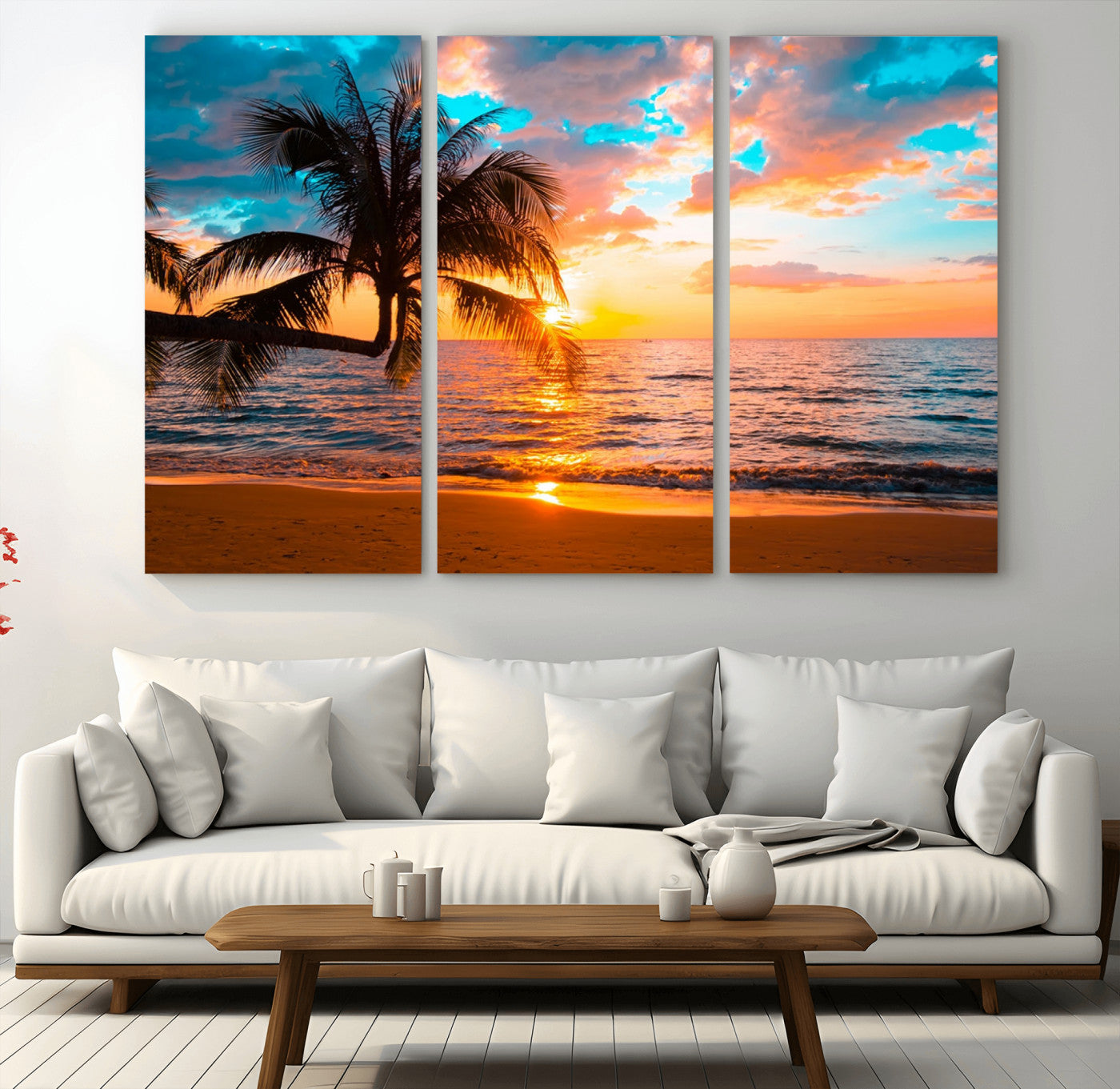 34674-MGV-CV-36X24-Tropical Sunset Beach Wall Art – Palm Tree Ocean Canvas Print, Coastal Seascape Decor for Living Room or Office Wall