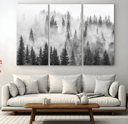 10422-MGV-CV-36X24-Misty Pine Forest Wall Art – Black and White Foggy Landscape Canvas Print, Serene Nature Woodland Decor for Bedroom, Office or